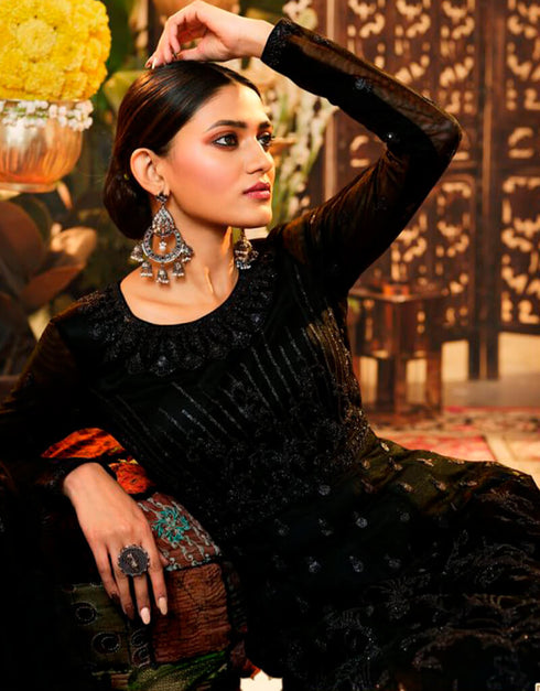 Black Anarkali style Suit Semi-Stitched Suits Salwar Kameez in Embroidery, Sequins & Lace Work Closure View
