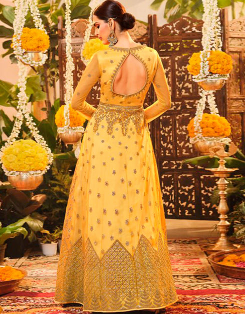 Yellow Anarkali style Suit Semi-Stitched Suits Salwar Kameez in Embroidery, Sequins & Lace Work Closure View