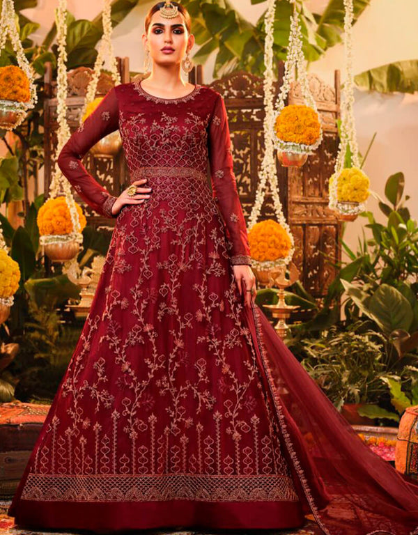 Red Anarkali style Suit Semi-Stitched Suits Salwar Kameez in Embroidery, Sequins & Lace Work
