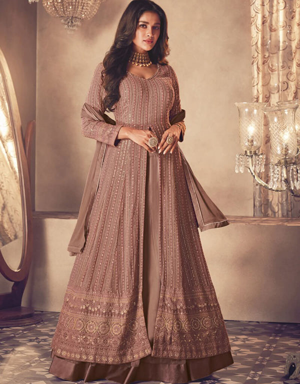 Brown Lehenga style Suit Semi-Stitched Suits Salwar Kameez in Embroidery, Sequins & Lace Work