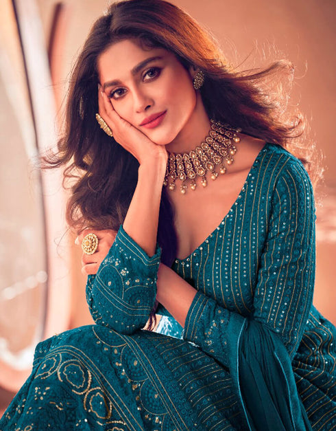 Blue Lehenga style Suit Semi-Stitched Suits Salwar Kameez in Embroidery, Sequins & Lace Work Closure View