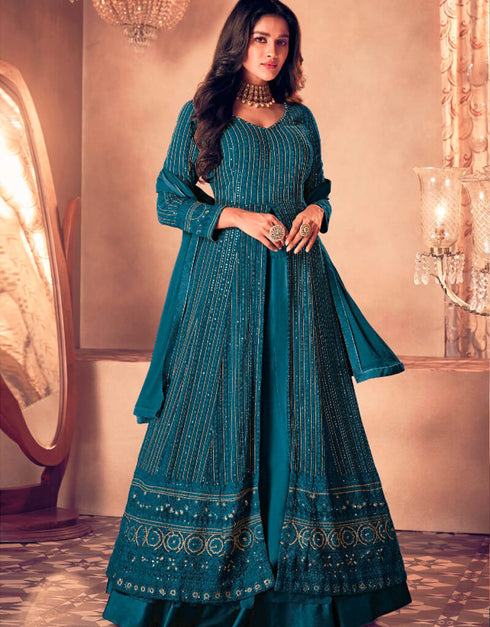 Blue Lehenga style Suit Semi-Stitched Suits Salwar Kameez in Embroidery, Sequins & Lace Work