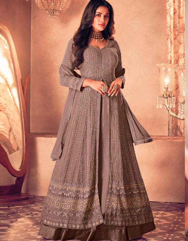 Grey Lehenga style Suit Semi-Stitched Suits Salwar Kameez in Embroidery, Sequins & Lace Work