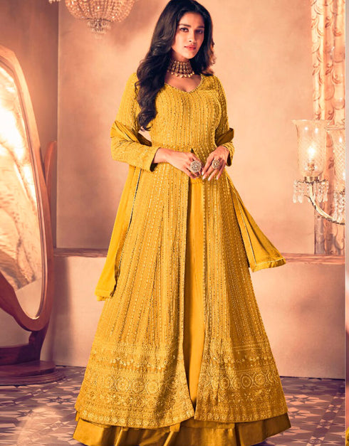 Yellow Lehenga style Suit Semi-Stitched Suits Salwar Kameez in Embroidery, Sequins & Lace Work