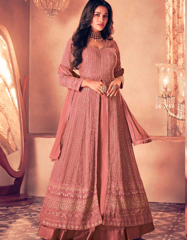 Pink Lehenga style Suit Semi-Stitched Suits Salwar Kameez in Embroidery, Sequins & Lace Work