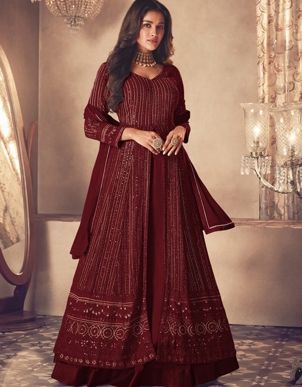 Maroon Lehenga style Suit Semi-Stitched Suits Salwar Kameez in Embroidery, Sequins & Lace Work