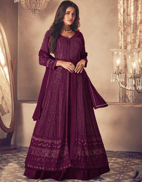 Purple Lehenga style Suit Semi-Stitched Suits Salwar Kameez in Embroidery, Sequins & Lace Work