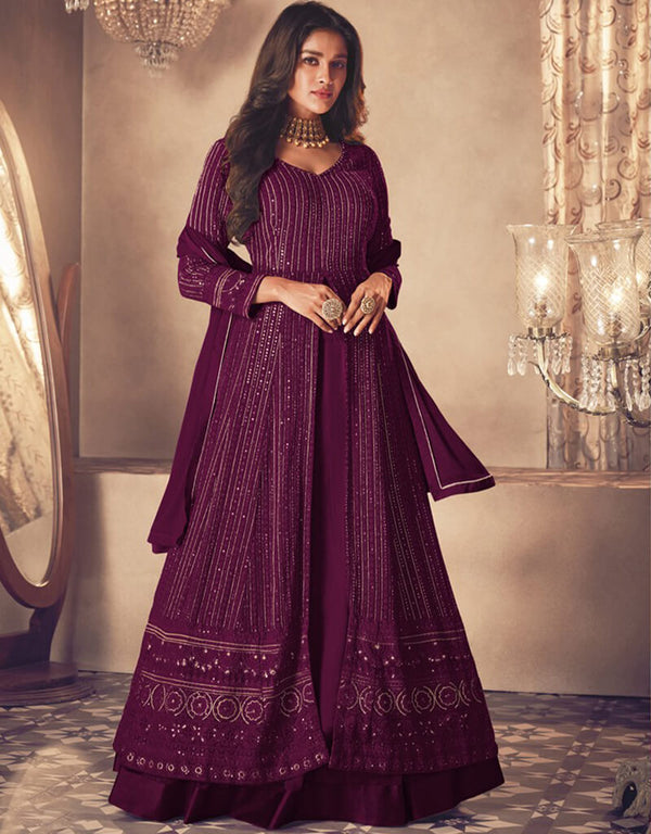 Purple Lehenga style Suit Semi-Stitched Suits Salwar Kameez in Embroidery, Sequins & Lace Work