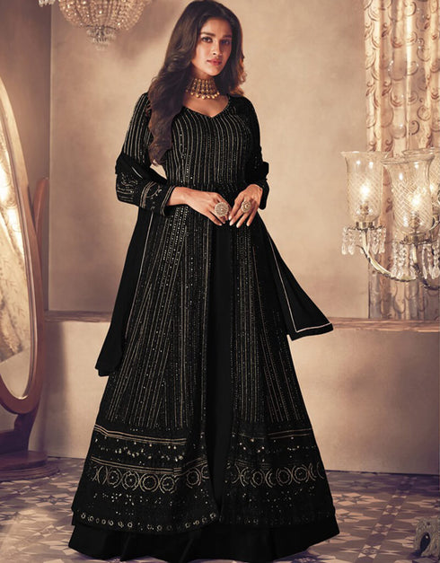 Black Lehenga style Suit Semi-Stitched Suits Salwar Kameez in Embroidery, Sequins & Lace Work