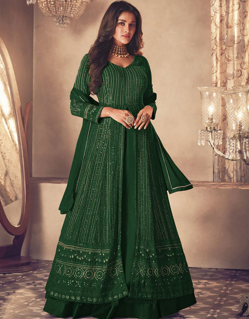 Green Lehenga style Suit Semi-Stitched Suits Salwar Kameez in Embroidery, Sequins & Lace Work