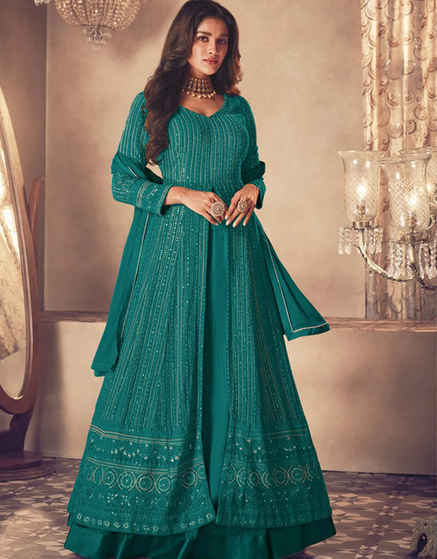 Blue Lehenga style Suit Semi-Stitched Suits Salwar Kameez in Embroidery, Sequins & Lace Work