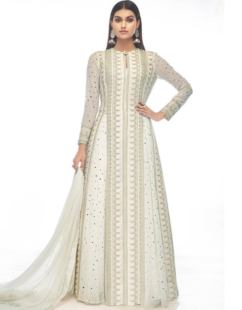 White Anarkali style Suits Premium Georgette Salwar Kameez in Embroidery, Stone, Mirror & Lace Work