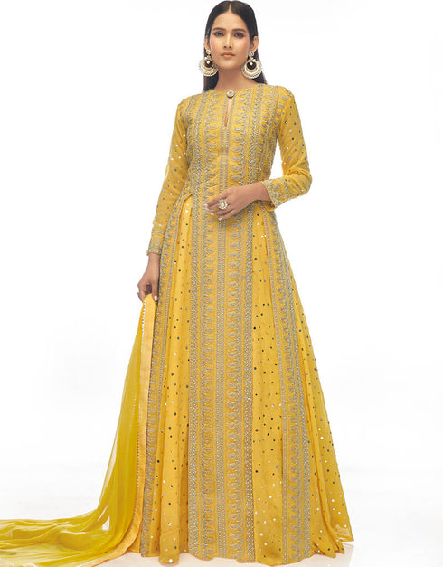 Yellow Anarkali style Suits Premium Georgette Salwar Kameez in Embroidery, Stone, Mirror & Lace Work