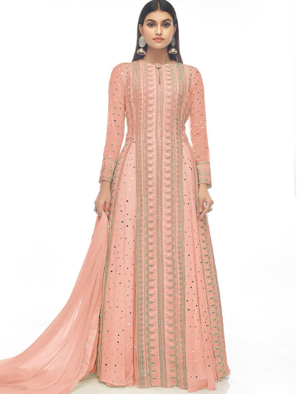 Pink Anarkali style Suits Premium Georgette Salwar Kameez in Embroidery, Stone, Mirror & Lace Work