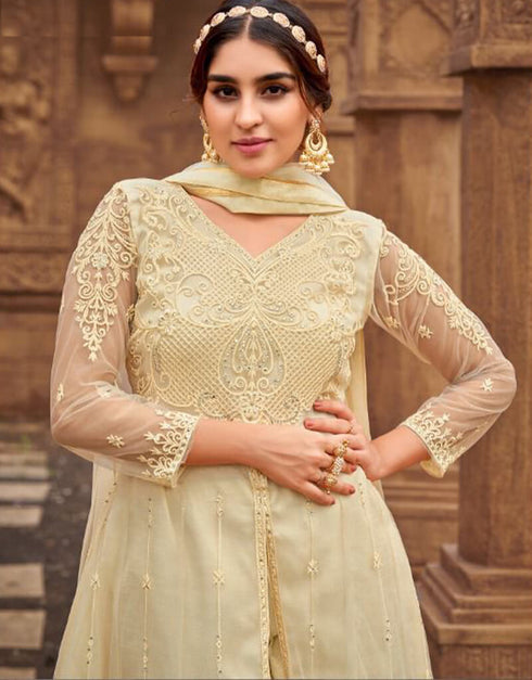 Beige Pant style Suits Butterfly Net Salwar Kameez in Embroidery, Stone & Lace Work Closure View