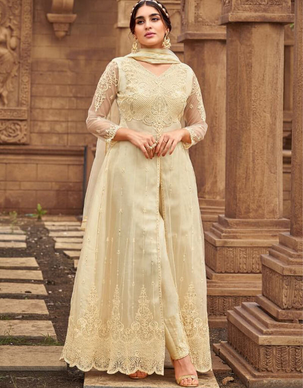 Beige Pant style Suits Butterfly Net Salwar Kameez in Embroidery, Stone & Lace Work