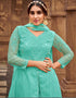 Sky Blue Pant style Suits Butterfly Net Salwar Kameez in Embroidery, Stone & Lace Work Closure View