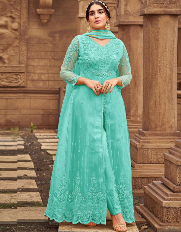 Sky Blue Pant style Suits Butterfly Net Salwar Kameez in Embroidery, Stone & Lace Work