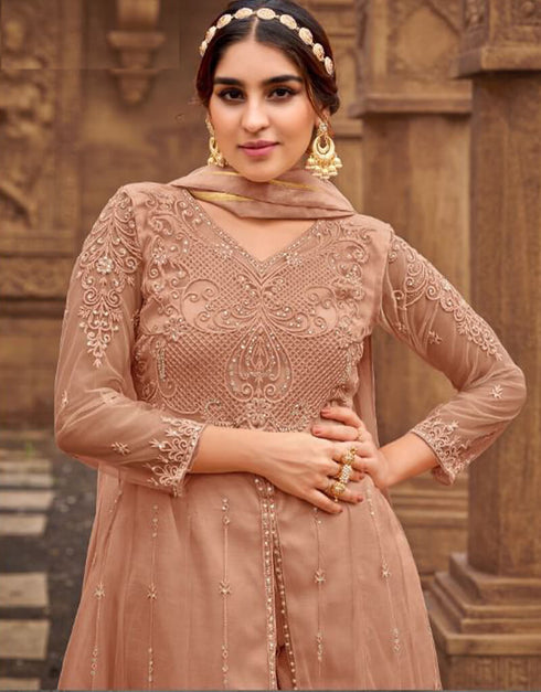 Brown Pant style Suits Butterfly Net Salwar Kameez in Embroidery, Stone & Lace Work Closure View