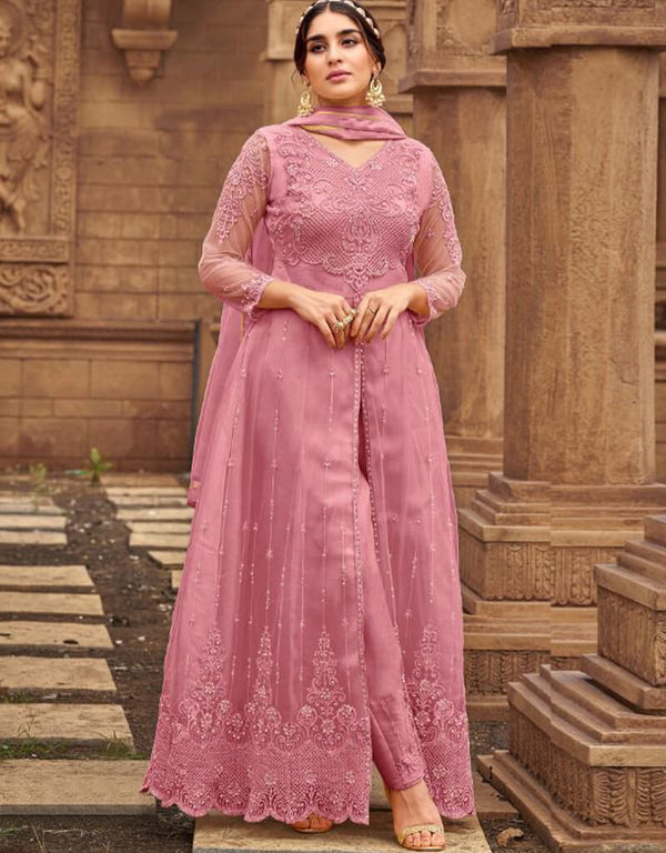 Purple Pant style Suits Butterfly Net Salwar Kameez in Embroidery, Stone & Lace Work