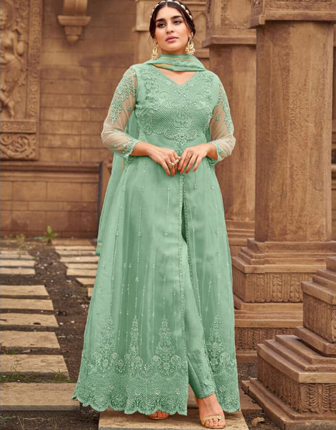 Green Pant style Suits Butterfly Net Salwar Kameez in Embroidery, Stone & Lace Work