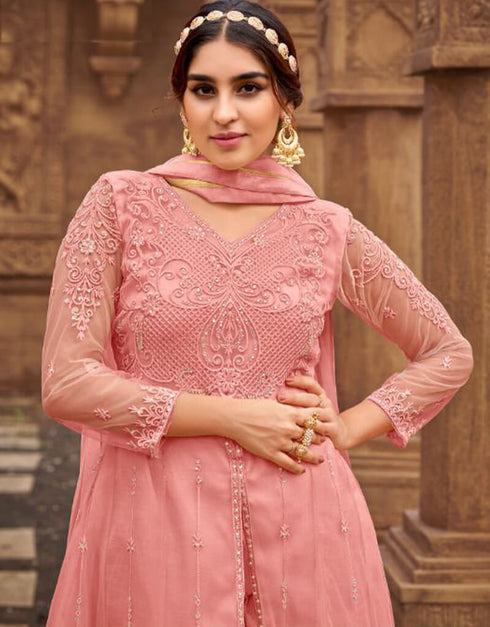 Pink Pant style Suits Butterfly Net Salwar Kameez in Embroidery, Stone & Lace Work Closure View