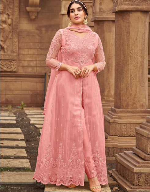Pink Pant style Suits Butterfly Net Salwar Kameez in Embroidery, Stone & Lace Work