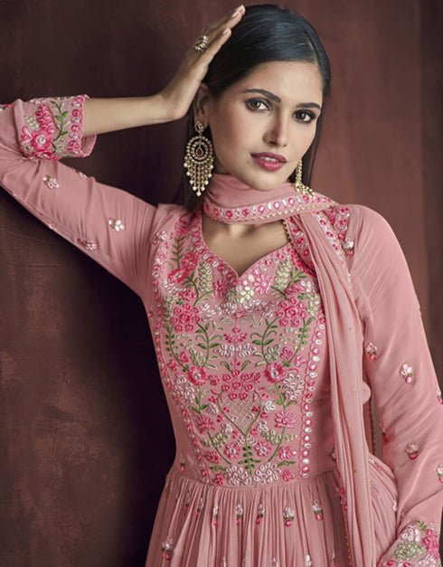Rose Pink Lehenga style Dress Faux Georgette Salwar Kameez in Embroidery, Foil Paper & Lace Work Closure View
