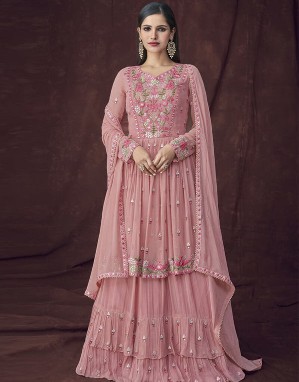 Rose Pink Lehenga style Dress Faux Georgette Salwar Kameez in Embroidery, Foil Paper & Lace Work