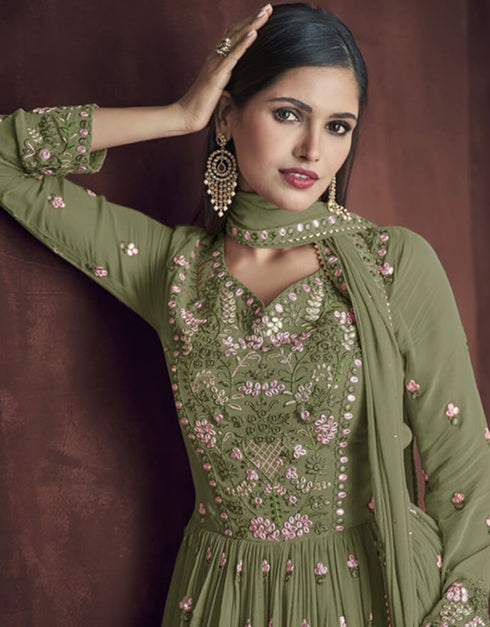 Army Green Lehenga style Suit Faux Georgette Salwar Kameez in Embroidery, Foil Paper & Lace Work Closure View