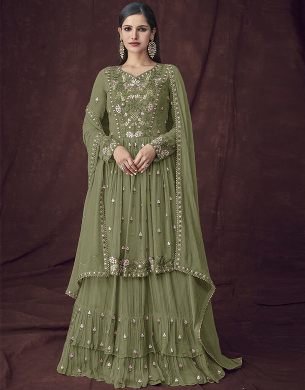 Army Green Lehenga style Suit Faux Georgette Salwar Kameez in Embroidery, Foil Paper & Lace Work