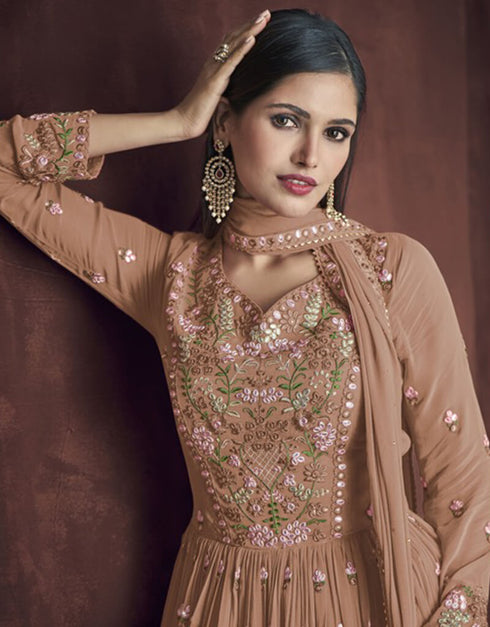 Brick Lehenga style Suit Faux Georgette Salwar Kameez in Embroidery, Foil Paper & Lace Work Closure View