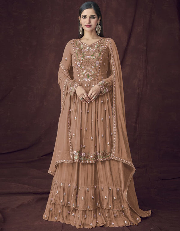Brick Lehenga style Suit Faux Georgette Salwar Kameez in Embroidery, Foil Paper & Lace Work