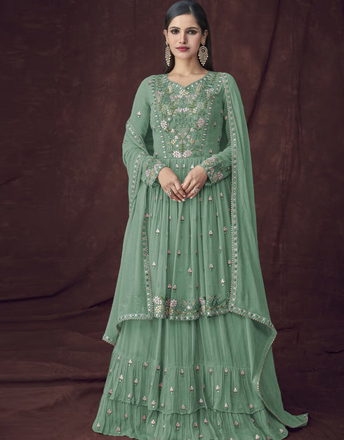 Mint Green Lehenga style Dress Faux Georgette Salwar Kameez in Embroidery, Foil Paper & Lace Work