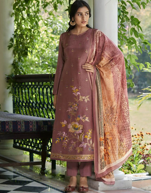 Pink Pant style Suit Pure Viscose Russian Silk Jacquard Salwar Kameez in Jacquard Print, Digital Print & Lace Work