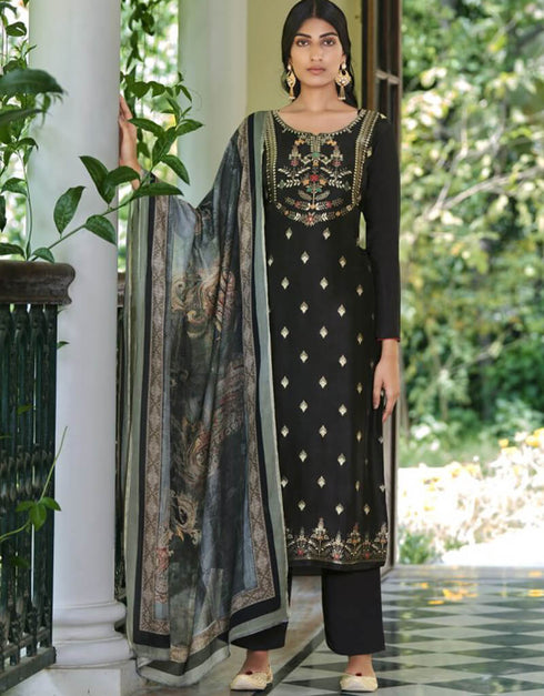 Black Pant style Suit Pure Viscose Russian Silk Jacquard Salwar Kameez in Jacquard Print, Digital Print & Lace Work