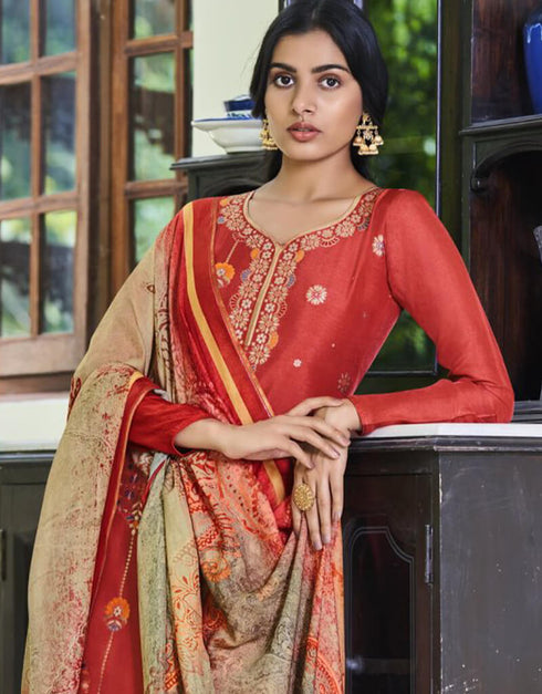 Red Sharara style Suit Pure Viscose Russian Silk Jacquard Salwar Kameez in Jacquard Print, Digital Print & Lace Work Closure View