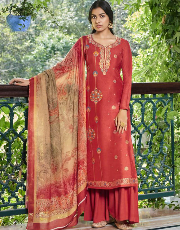Red Sharara style Suit Pure Viscose Russian Silk Jacquard Salwar Kameez in Jacquard Print, Digital Print & Lace Work