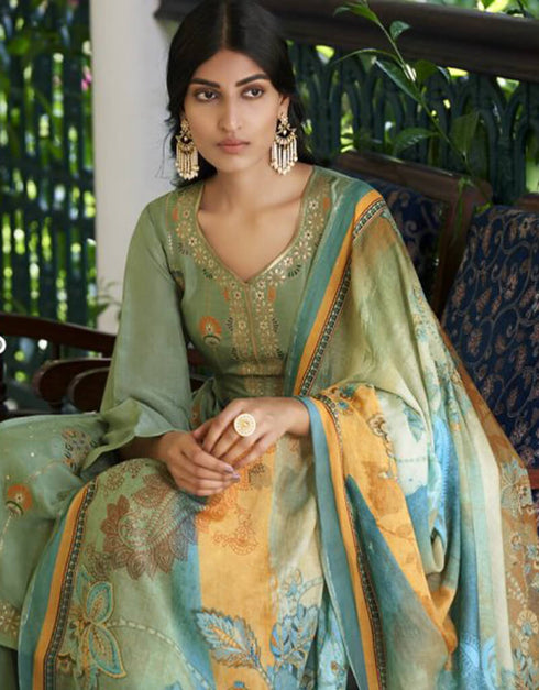 Green Sharara style Suit Pure Viscose Russian Silk Jacquard Salwar Kameez in Jacquard Print, Digital Print & Lace Work Closure View