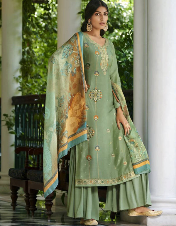 Green Sharara style Suit Pure Viscose Russian Silk Jacquard Salwar Kameez in Jacquard Print, Digital Print & Lace Work
