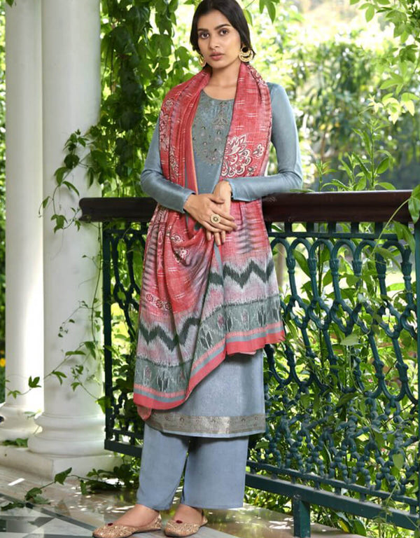 Blue Palazzo style Suit Pure Viscose Russian Silk Jacquard Salwar Kameez in Jacquard Print, Digital Print & Lace Work