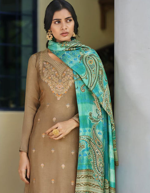 Brown Palazzo style Suit Pure Viscose Russian Silk Jacquard Salwar Kameez in Jacquard Print, Digital Print & Lace Work Closure View