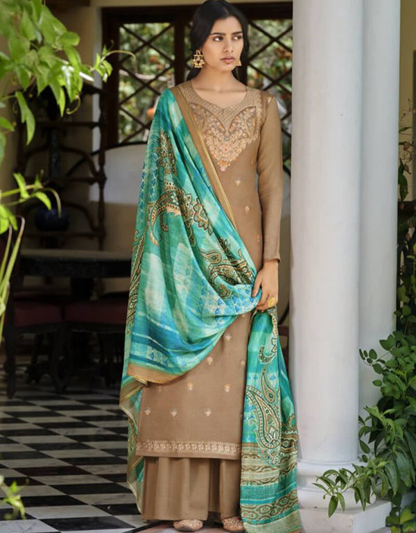 Brown Palazzo style Suit Pure Viscose Russian Silk Jacquard Salwar Kameez in Jacquard Print, Digital Print & Lace Work