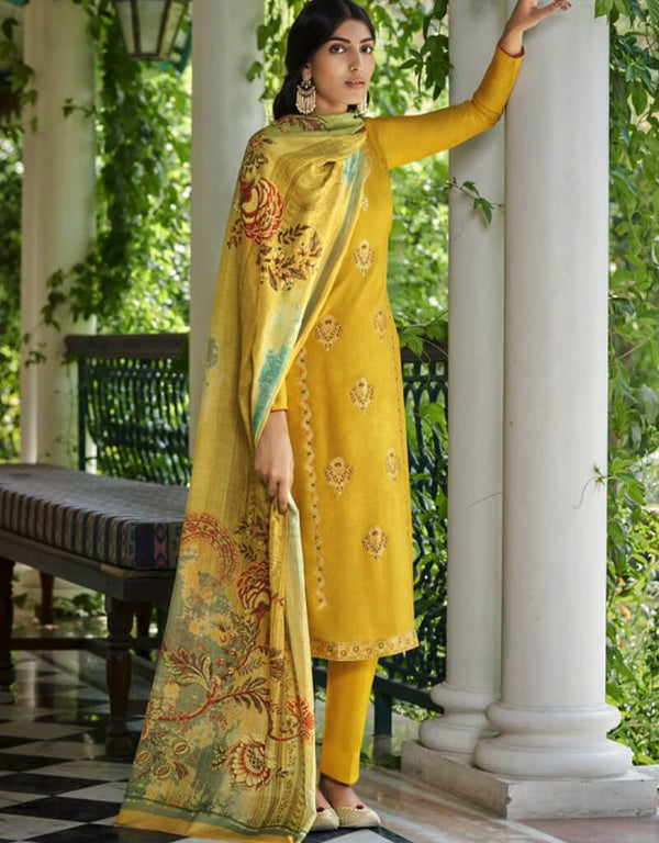 Yellow Pant style Suit Pure Viscose Russian Silk Jacquard Salwar Kameez in Jacquard Print, Digital Print & Lace Work