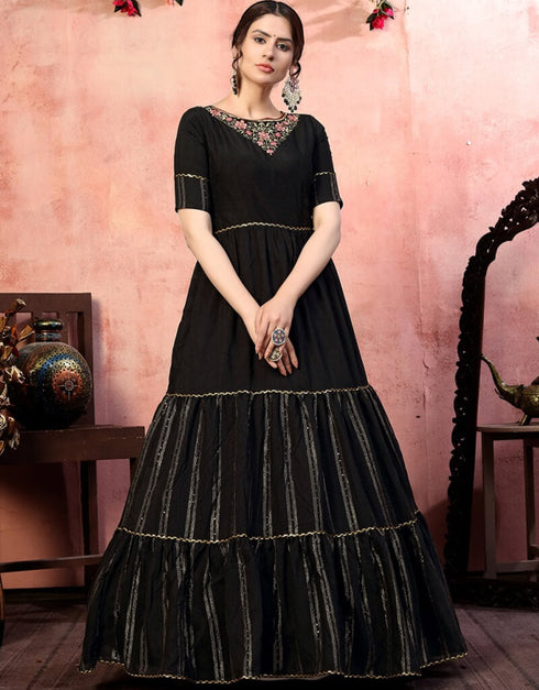 Black Anarkali style Gown Silk Salwar Kameez in Embroidery, Sequins & Lace Work