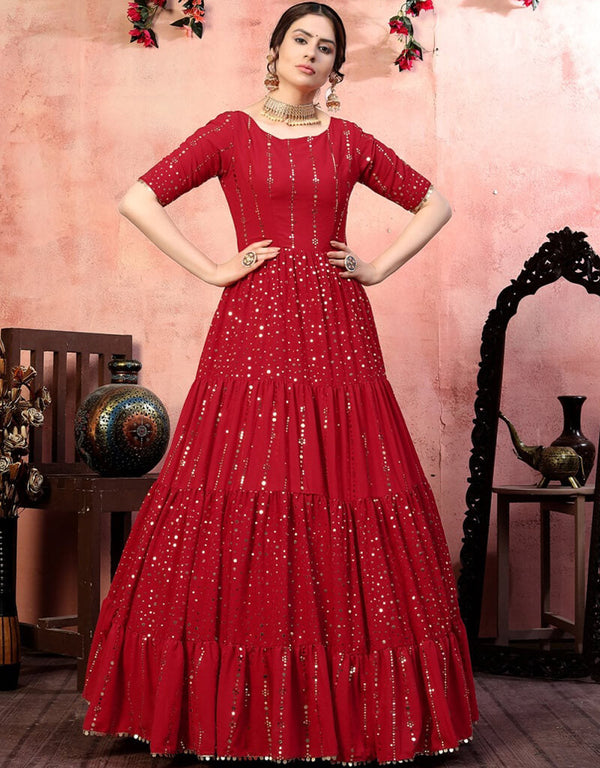 Red Anarkali style Gown Georgette Salwar Kameez in Embroidery, Sequins & Lace Work