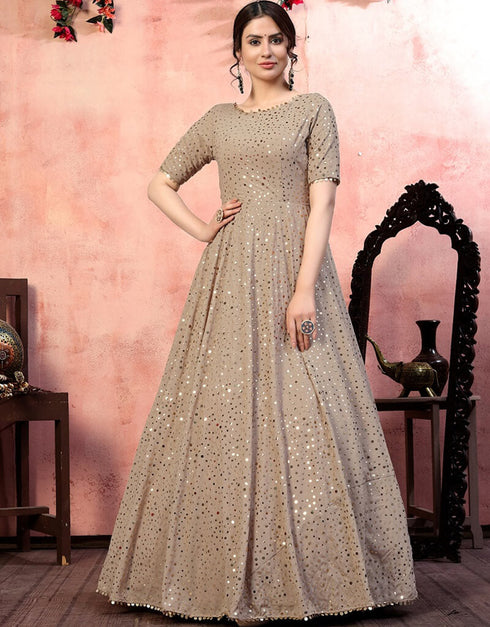 Beige Anarkali style Gown Georgette Salwar Kameez in Embroidery, Sequins & Lace Work