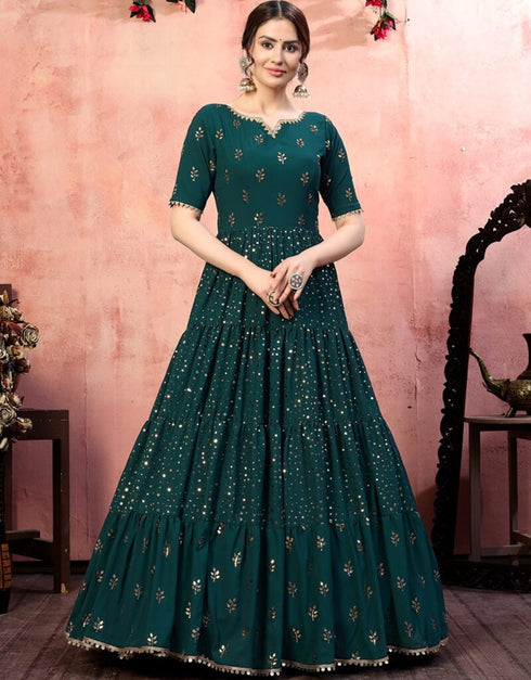 Blue Anarkali style Gown Georgette Salwar Kameez in Embroidery, Sequins & Lace Work