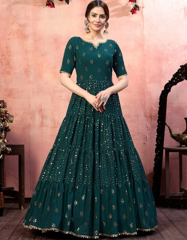 Blue Anarkali style Gown Georgette Salwar Kameez in Embroidery, Sequins & Lace Work