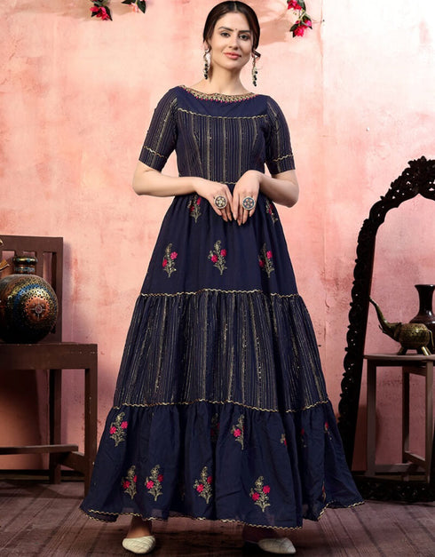 Navy Blue Anarkali style Gown Silk Salwar Kameez in Embroidery, Sequins & Lace Work